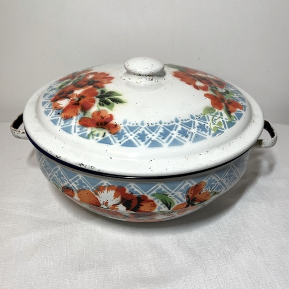 Lucky Brand Other - Vintage Lucky Elephant Chinese White Floral Enamel Casserole Rice Dish Pot w Lid